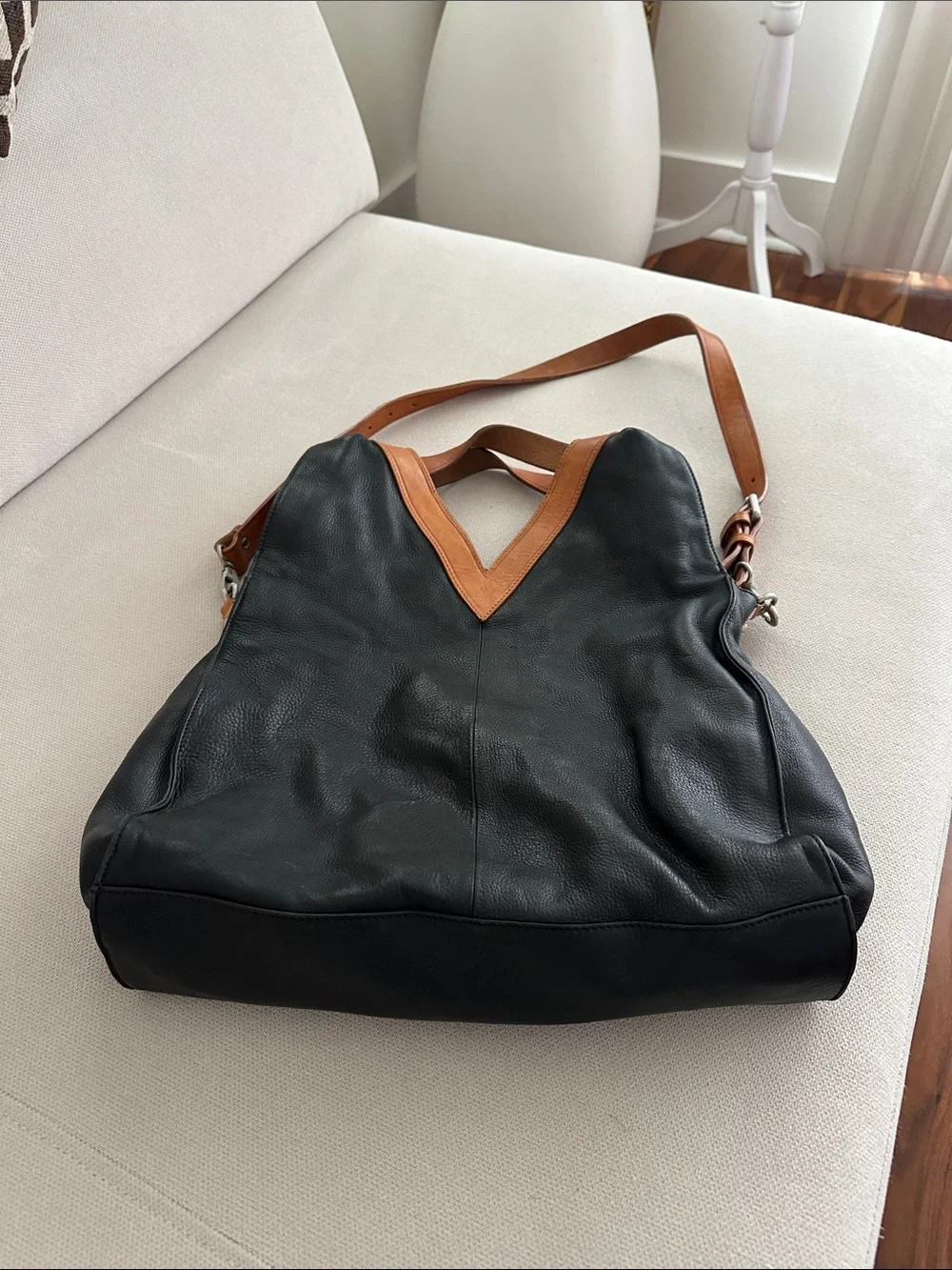 CHRISTOPHER KON BLACK AND CAMEL LEATHER CROSSBODY BAG